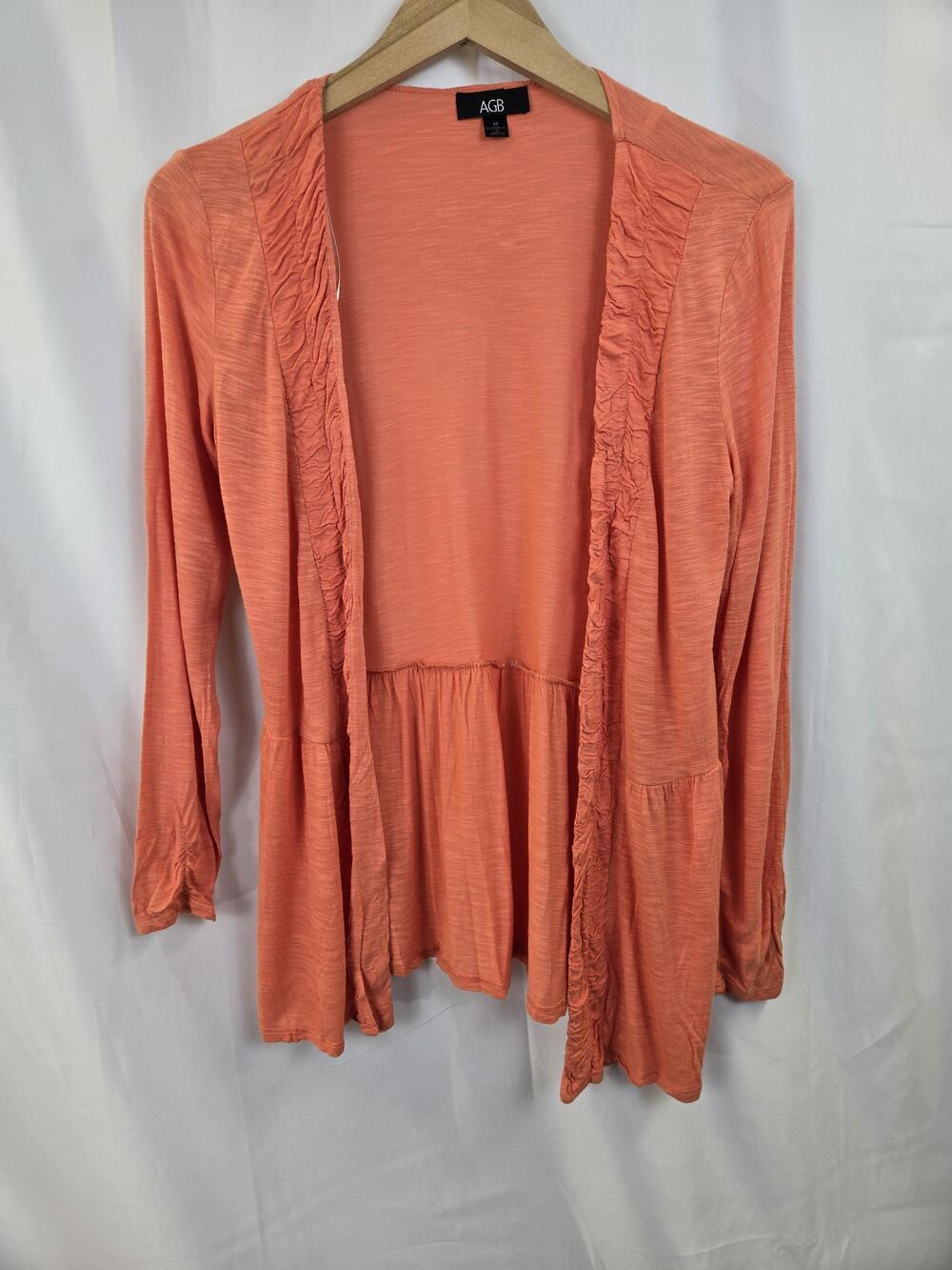 AGB Blouse Womens Medium Orange Jersey Ruffle Open Front Long Sleeve Cardigan